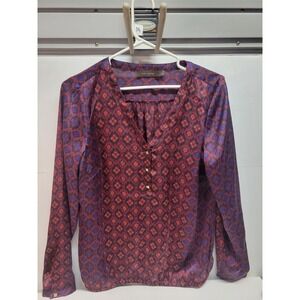 The Limited Women's Burgundy‎ Blue Geometric Print V Neck Button Accent Blouse M